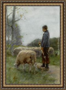 Shepherd Framed Paintings - A Shepherd and His Flock by Anton Mauve