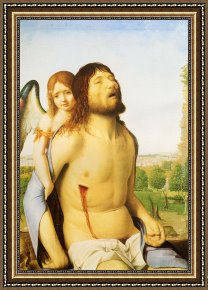 Dead Christ Attended by Two Angels Framed Paintings - The Dead Christ Supported By An Angel by Antonello da Messina