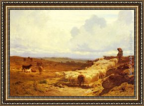 A Shepherd And His Dog Guarding a Flock of Sheep Framed Paintings - A Shepherd and his Flock by Auguste Bonheur