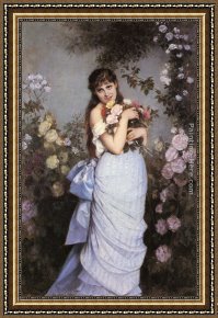 The Women in The Garden Framed Paintings - A Young Woman in a Rose Garden by Auguste Toulmouche