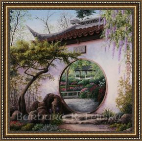 Tavern of The Crescent Moon Framed Paintings - Moon Gate Garden by Barbara Felisky