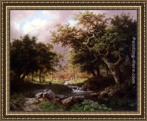A Wooded Landscape Framed Paintings - A Wooded Landscape With Figures Along A Stream by Barend Cornelis Koekkoek