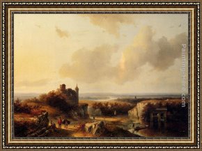 A River Landscape in Springtime Framed Paintings - AnExtensive River Landscape With Travellers On A Path And A Castle In Ruins In The Distance by Barend Cornelis Koekkoek