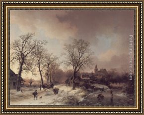 A Winter Landscape with Skaters Near a Village Framed Paintings - Figures in a Winter Landscape by Barend Cornelis Koekkoek