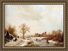 A Winter Landscape with Skaters Near a Village Framed Paintings - Winterlandschap A Winter Landscape With Skaters On A Frozen Waterway And Peasants By A Farm In The Foreground by Barend Cornelis Koekkoek