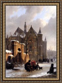Hove Framed Paintings - A Capricio View With Figures Leaving A Church In Winter by Bartholomeus Johannes Van Hove