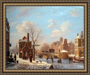 A Farmyard Scene in Winter Framed Paintings - A Dutch Town Scene in Winter by Bartholomeus Johannes Van Hove