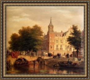 Hove Framed Paintings - A Sunlit Townview With Figures Gathered On A Square Along A Canal by Bartholomeus Johannes Van Hove