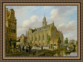 Hove Framed Paintings - A Town Scene on a Canal by Bartholomeus Johannes Van Hove