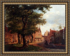 Hove Framed Paintings - A Village Square With Villagers Conversing Under Trees by Bartholomeus Johannes Van Hove