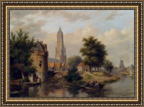 Hove Framed Paintings - View Of A Riverside Dutch Town by Bartholomeus Johannes Van Hove