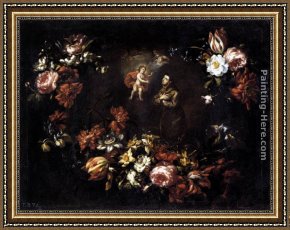 Padua Framed Paintings - Garland of Flowers with St Anthony of Padua by Bartolome Perez