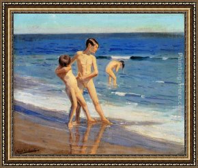 Beach Framed Paintings - Boys At The Beach by Benito Rebolledo Correa