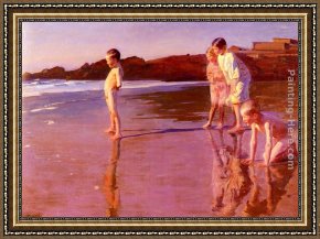 Port of Valencia Framed Paintings - Children On The Beach At Sunset, Valencia by Benito Rebolledo Correa