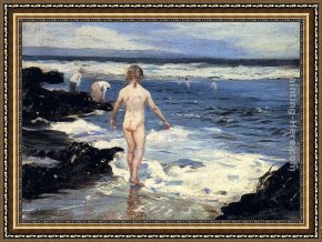 Child Framed Paintings - Children Playing At The Beach by Benito Rebolledo Correa