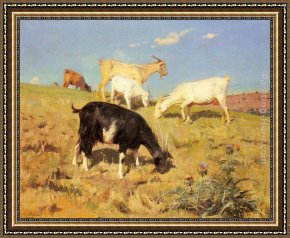 Goats, Framed Paintings - Goats Grazing on a Hillside by Benito Rebolledo Correa