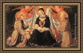 St Jerome Framed Paintings - Madonna and Child with Sts Francis and Bernardine, and Fra Jacopo by Benozzo di Lese di Sandro Gozzoli