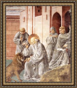 St Jerome Framed Paintings - St Jerome Pulling a Thorn from a Lion's Paw by Benozzo di Lese di Sandro Gozzoli