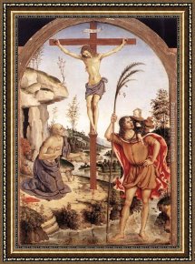 St Jerome Framed Paintings - The Crucifixion with Sts Jerome and Christopher by Bernardino Pinturicchio