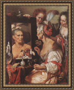 Venus in Front of The Mirror Framed Paintings - Old Woman at the Mirror by Bernardo Strozzi