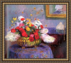 Life Framed Paintings - Still Life Round Bowl with Flowers by Bernhard Gutmann