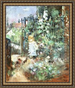 Childs Framed Paintings - Child among Staked Roses by Berthe Morisot
