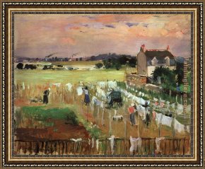 Berthe Morisot Framed Paintings - Hanging out the Laundry to Dry by Berthe Morisot