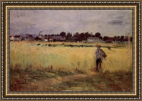 Wheat Framed Paintings - In the Wheat Fields at Gennevilliers by Berthe Morisot