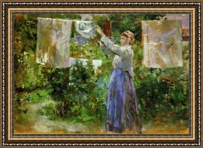 Peasants at Their Cottage Door Framed Paintings - Peasant Hanging out the Washing by Berthe Morisot