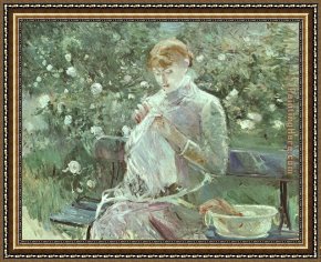 The Women in The Garden Framed Paintings - Young Woman Sewing in a Garden by Berthe Morisot