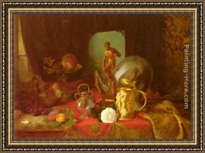 The White Rose Framed Paintings - A Still Life with Fruit, Objets d'Art and a White Rose on a Table by Blaise Alexandre Desgoffe