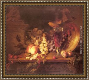 Bronze Framed Paintings - Still Life with Fruit, a Glass of Wine and a Bronze Vessel on a Ledge by Blaise Alexandre Desgoffe
