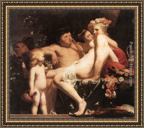 The Education of Cupid Framed Paintings - Bacchus with Two Nymphs and Cupid by Caesar van Everdingen