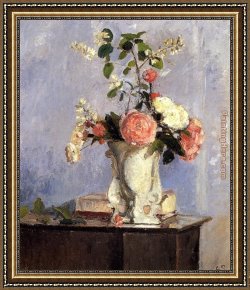 A Bouquet of Roses And Other Flowers in a Glass Goblet with a Chinese Lacquer Box And a Nautilus Cup on a Red Velvet Draped Table Framed Paintings - Bouquet Of Flowers by Camille Pissarro