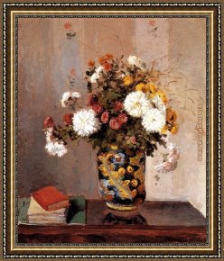 The Broken Vase Framed Paintings - Chrysanthemums In A Chinese Vase by Camille Pissarro