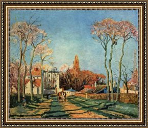Village in The Snow Framed Paintings - Entree du village de Voisins 1872 by Camille Pissarro
