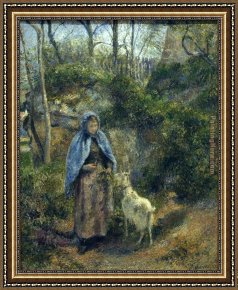 Goats, Framed Paintings - Girl with a Goat by Camille Pissarro