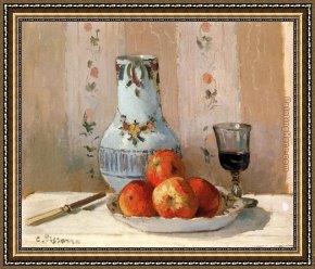 Life Framed Paintings - Still Life with Apples and Pitcher by Camille Pissarro