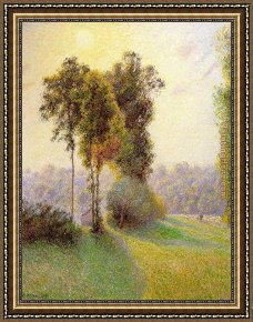 Golden Sunset Framed Paintings - Sunset at St. Charles Eragny by Camille Pissarro