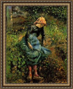 Young Girl Reading Framed Paintings - Young Peasant Girl with a Stick by Camille Pissarro