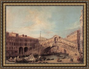 Canaletto Framed Paintings - Grand Canal The Rialto Bridge from the South by Canaletto