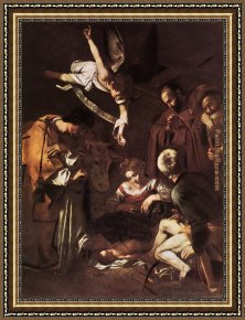 Caravaggio Framed Paintings - Nativity with St. Francis and St. Lawrence by Caravaggio