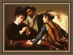 Caravaggio Framed Paintings - The Cardsharps by Caravaggio