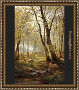 Hamlet Play Scene Framed Paintings - A Woodland Scene With Deer by Carl Fredrik Aagard