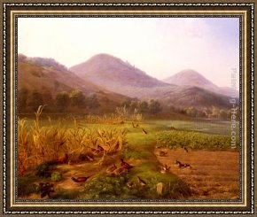 Birds Framed Paintings - An Extensive Field With Game Birds And Rabbits by Carl Jutz