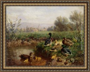 Mallard Duck Framed Paintings - Ducks by a Pond by Carl Jutz