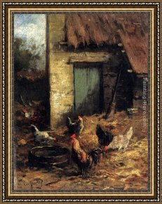 Ponies, a Calf And Poultry in a Farmyard Framed Paintings - Poultry In A Farmyard by Carl Jutz