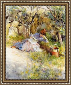 Fantomas Pipe And Newspaper Framed Paintings - A Lady Reading a Newspaper by Carl Larsson
