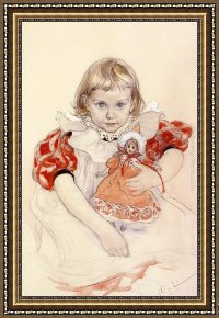 Young Girl Reading Framed Paintings - A Young Girl with a Doll by Carl Larsson