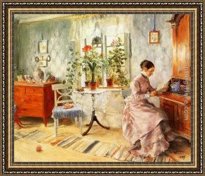 A Woman Reading Framed Paintings - An Interior with a Woman Reading by Carl Larsson
